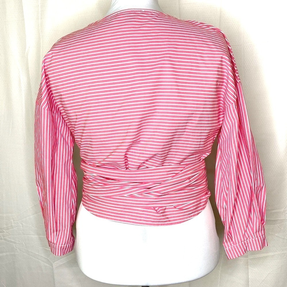 JW Style Y2K Striped Wrap Front Tie Shirt Blouse Small Pink White S Cottagecore - Picture 2 of 8